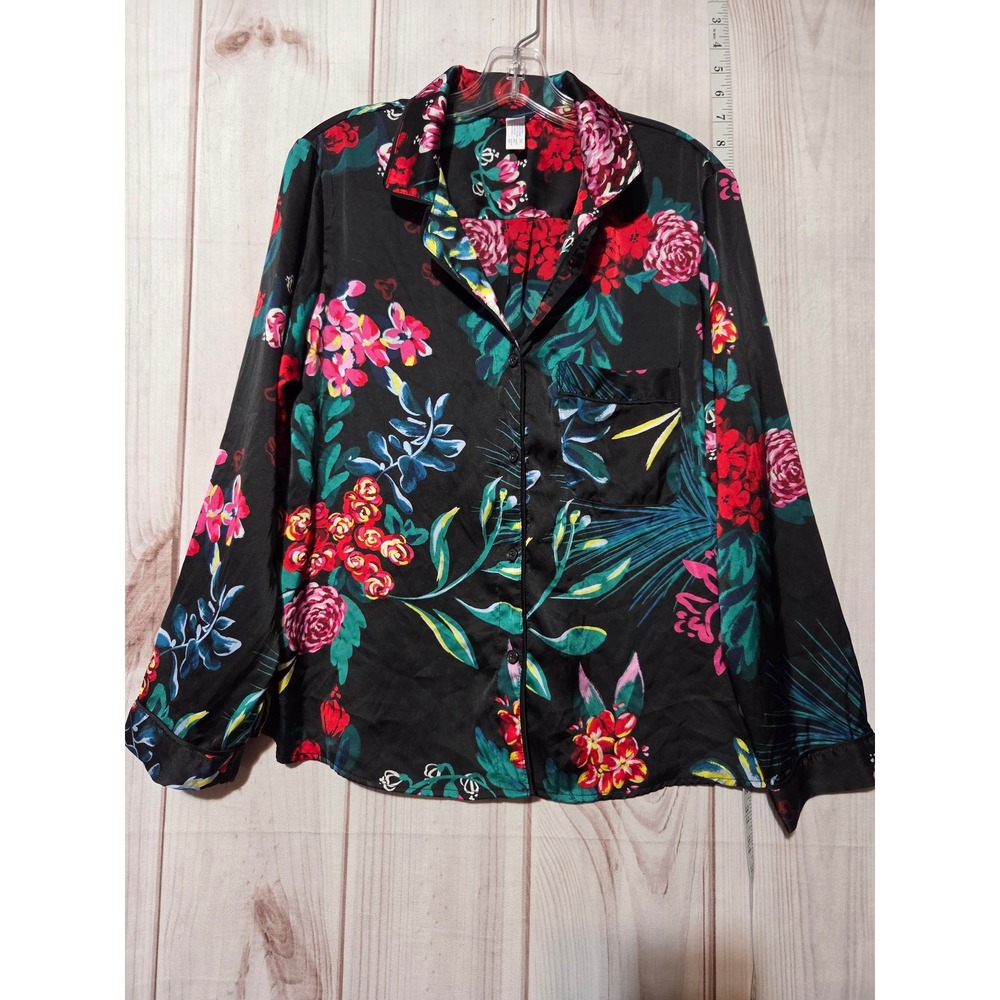 Stars Above Womens Pajama Top Shirt‎ Floral Print Black Satin Button Up Size M
